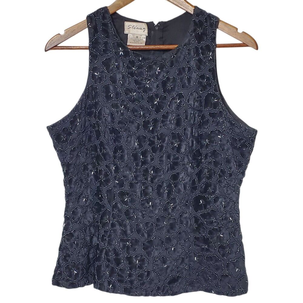 Vintage Stenay Velvet Burnout Beaded Blouse Size 8 Black Sleeveless Formal Women